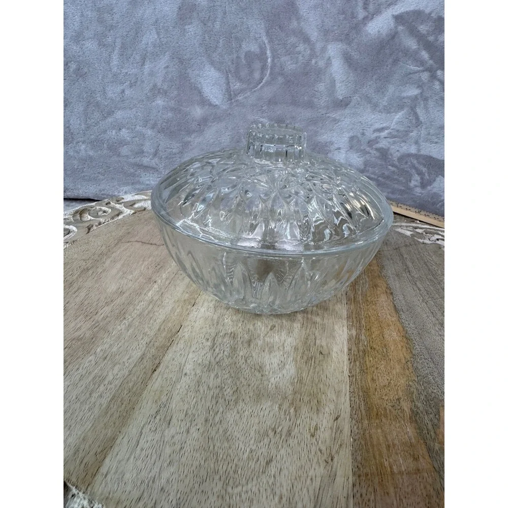 Vintage Clear Pressed Glass Candy Dish with Lid Sunburst Diamond Cut 6 Inch